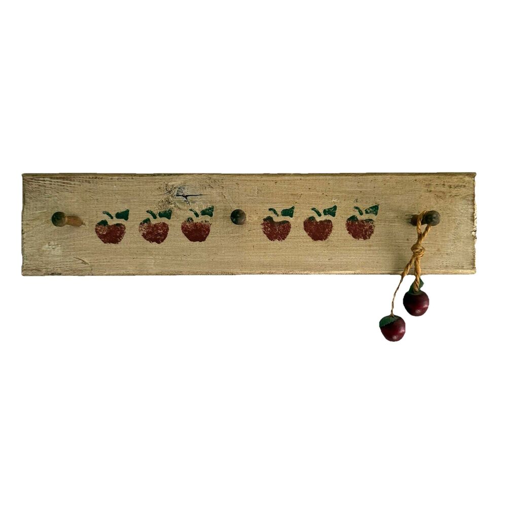 Vtg Apple Shelf 3 Hanging Pegs Distressed Wood Stenciled w Hanger Granny Cottage